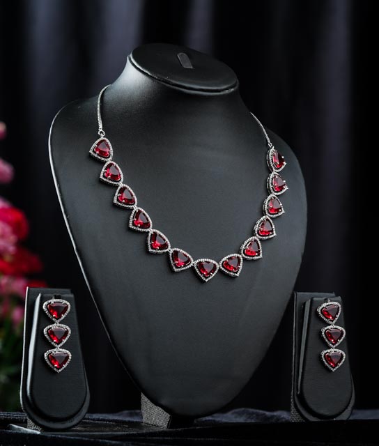 Classic Silver Tone Red American Diamond Studded Set For Women – Putstyle